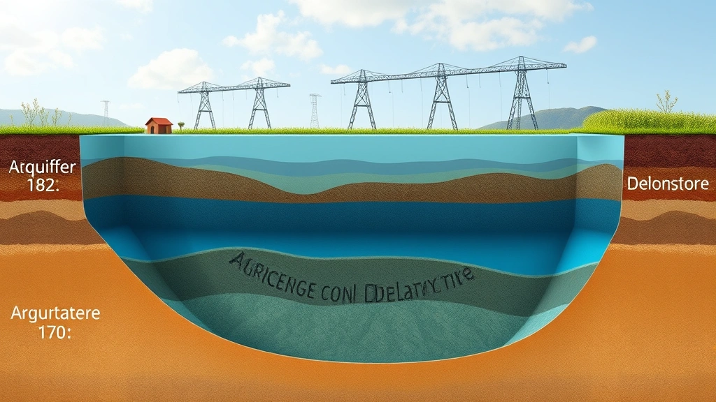 Underground aquifer cross-section illustration showing water table decline over time, with agricultural irrigation equipment above ground, depicting groundwater depletion layers, photorealistic scientific visualization