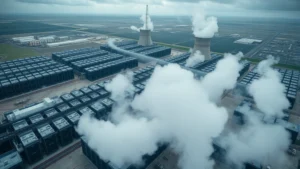 Aerial view of massive data center facility with rows of servers and cooling systems, surrounded by industrial landscape, overcast sky, steam rising from cooling towers, photorealistic