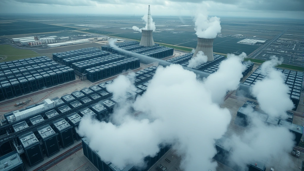 Aerial view of massive data center facility with rows of servers and cooling systems, surrounded by industrial landscape, overcast sky, steam rising from cooling towers, photorealistic