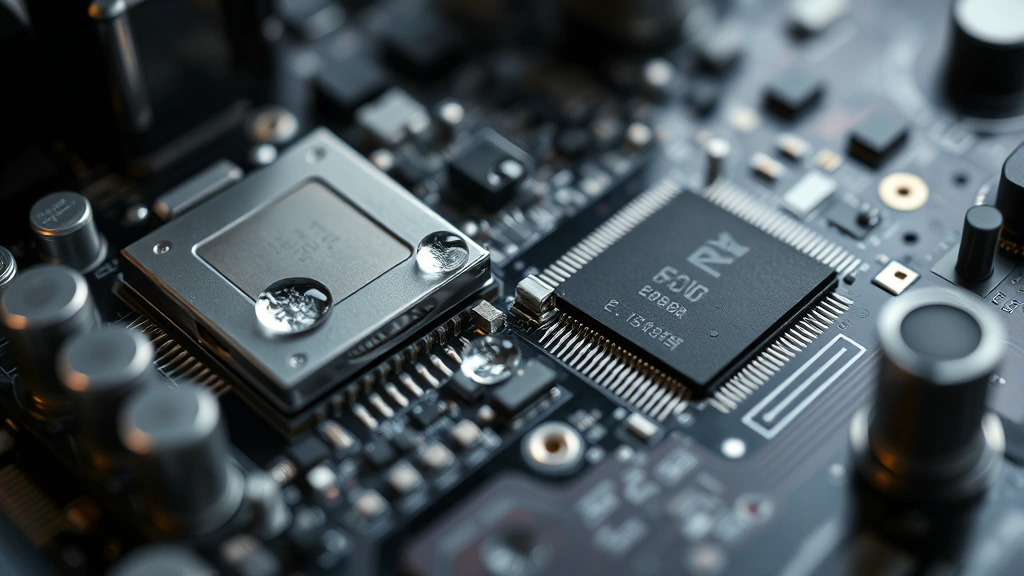 Close-up of computer circuit board and semiconductor components with water droplets, representing cooling systems and resource intensity, detailed macro photography, industrial setting