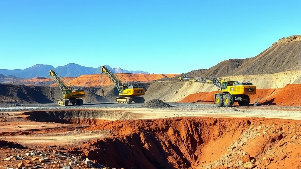 Mining operation landscape with excavators extracting rare earth minerals, barren terrain with exposed soil, environmental disruption visible, mountains in background, photorealistic environmental impact documentation