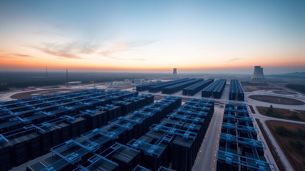 Aerial view of massive data center facility with rows of server racks, blue cooling systems, surrounded by industrial landscape at dusk with cooling towers visible