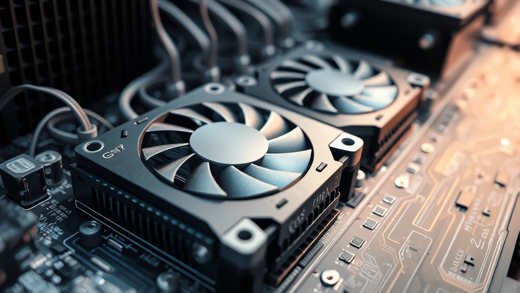 Close-up of specialized GPU and AI computing hardware components arranged on circuit boards with fiber optic cables, photorealistic technical equipment