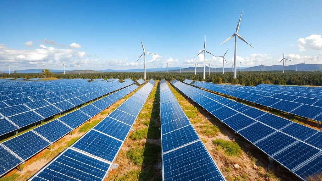 Expansive view of solar panel array and wind turbines in natural landscape, representing renewable energy infrastructure needed for sustainable computing