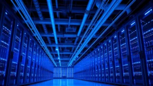 Expansive modern data center with rows of server racks illuminated by blue LED lights, cooling pipes running overhead, industrial efficiency aesthetic, photorealistic, no text or labels visible, shot from ground level perspective showing scale and infrastructure complexity