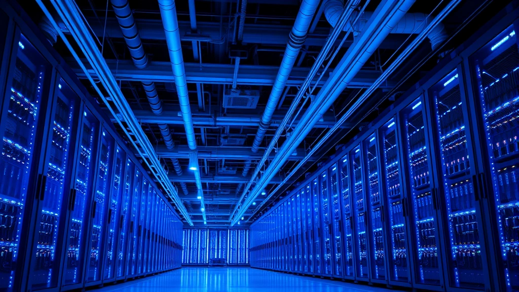 Expansive modern data center with rows of server racks illuminated by blue LED lights, cooling pipes running overhead, industrial efficiency aesthetic, photorealistic, no text or labels visible, shot from ground level perspective showing scale and infrastructure complexity