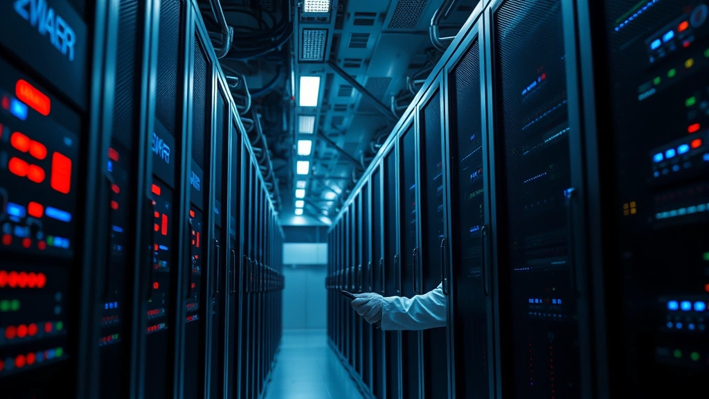 Server farm with technician working on hardware, blue and red indicator lights, industrial cooling systems visible, professional data center environment, photorealistic angle showing equipment density and maintenance operations, no text overlays