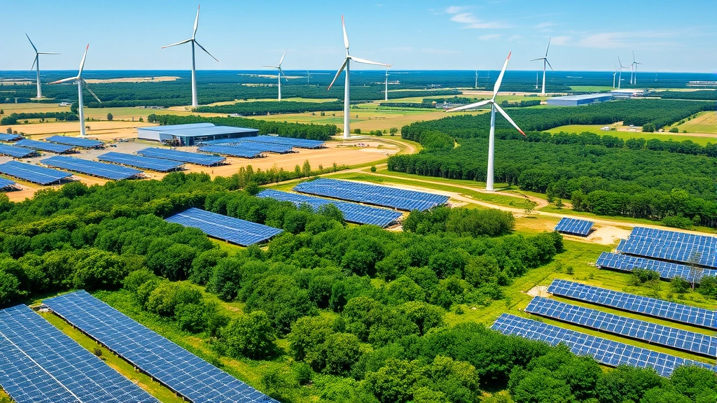 Solar panels and wind turbines in a sprawling green landscape with clear sky, modern renewable energy infrastructure integrated with natural forest and fields
