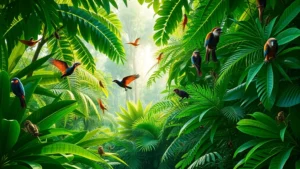 Lush tropical rainforest canopy with diverse wildlife including birds, monkeys, and insects visible among dense green vegetation, vibrant morning light filtering through leaves, photorealistic, emphasizing biological diversity and ecosystem complexity