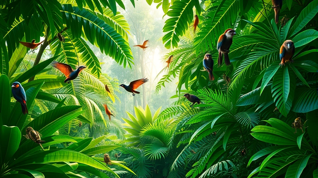 Lush tropical rainforest canopy with diverse wildlife including birds, monkeys, and insects visible among dense green vegetation, vibrant morning light filtering through leaves, photorealistic, emphasizing biological diversity and ecosystem complexity