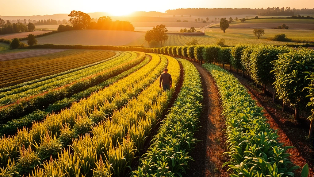 Productive agricultural landscape with mixed crops, hedgerows, and natural vegetation corridors supporting pollinators and beneficial insects, golden hour sunlight, diverse plant species clearly visible, farmer working sustainably, photorealistic economic productivity