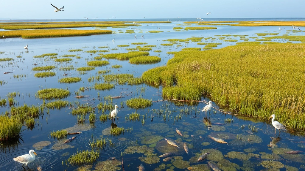 Coastal wetland ecosystem with water, marsh grasses, birds, and fish, showing natural water purification and flood control infrastructure, diverse species interaction, pristine natural conditions, photorealistic ecosystem services in action