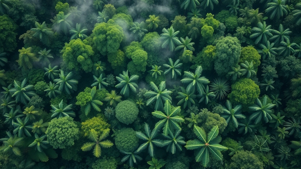 Aerial view of a lush, diverse tropical rainforest canopy with multiple shades of green vegetation, mist rising between trees, natural light filtering through layers of foliage, photorealistic natural lighting, no text or labels visible