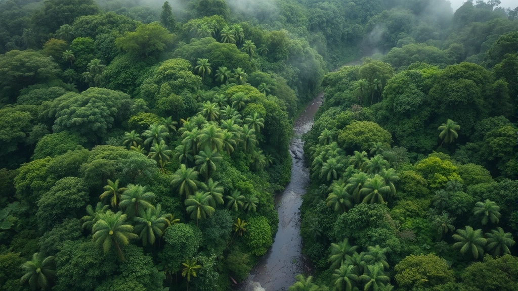 Aerial view of lush tropical rainforest canopy with diverse green vegetation, winding river, misty atmosphere, no text or labels, photorealistic nature photography