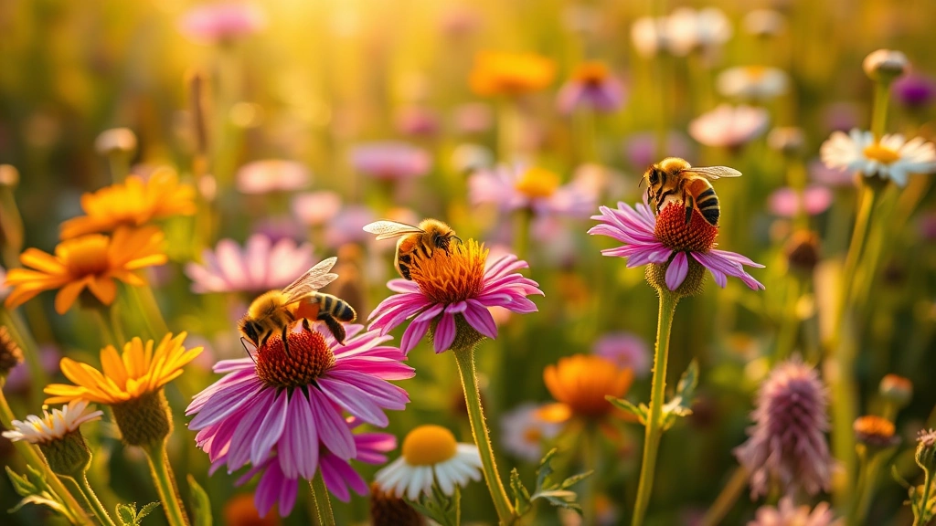 Close-up of pollinating bees on colorful wildflowers in meadow, golden sunlight, diverse flowering plants, shallow depth of field, vibrant natural colors, no text