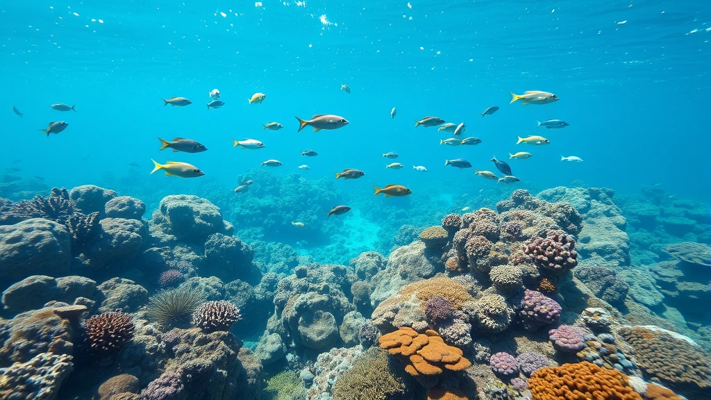 Underwater coral reef ecosystem with multiple fish species, diverse corals, clear turquoise water, abundant marine biodiversity, photorealistic underwater photography, no text or labels