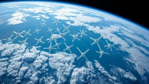 Satellite constellation in orbit above Earth's blue atmosphere with thousands of white satellites arranged in geometric patterns, showing the scale of modern space infrastructure against the planet's curvature and cloud systems