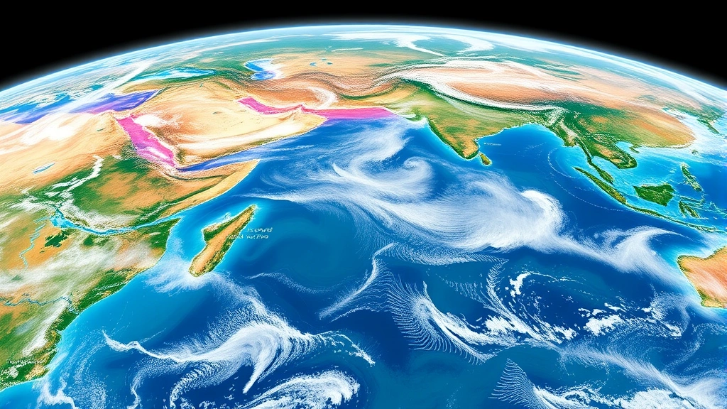 Earth observation satellite data visualization showing deforestation patterns, ocean temperatures, and atmospheric composition simultaneously, with natural colors representing real environmental monitoring from space-based sensors