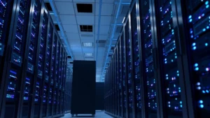 Data center server racks with blue LED indicators illuminated, showing rows of enterprise-grade computing infrastructure with visible cooling systems, photorealistic perspective from ground level looking upward