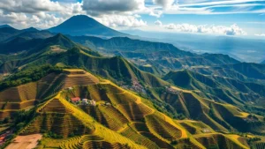 Aerial view of Java's densely populated rice terraces with volcanic mountains in background, showing intensive agricultural landscape and human settlement patterns