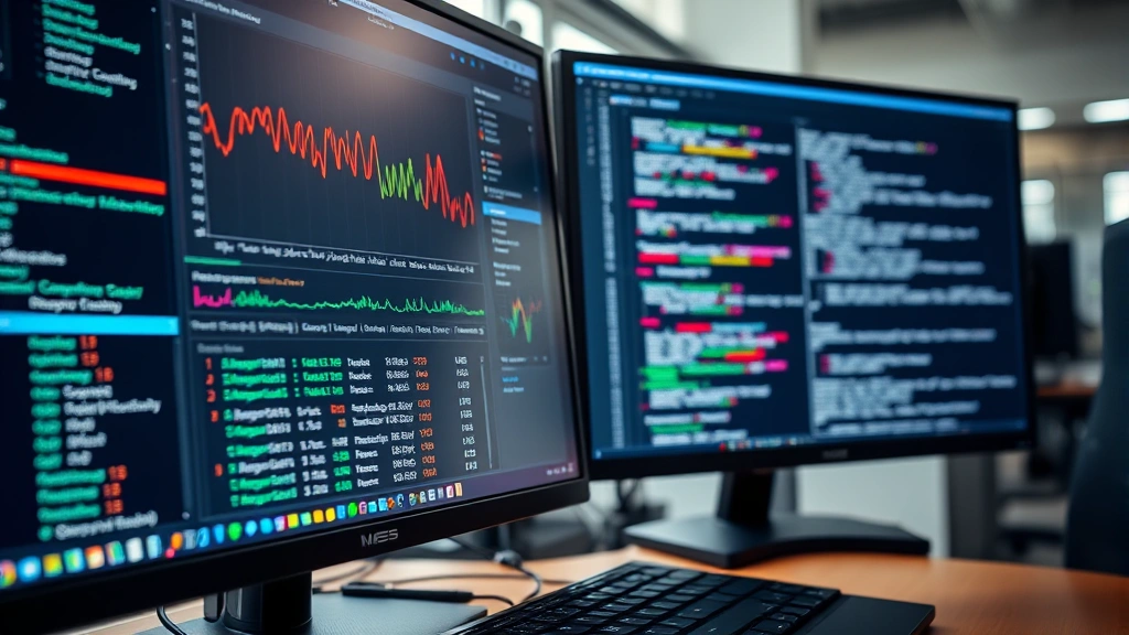 Close-up of a developer's dual-monitor workstation displaying system performance metrics and application logs, with blurred keyboard and professional office environment, natural window lighting