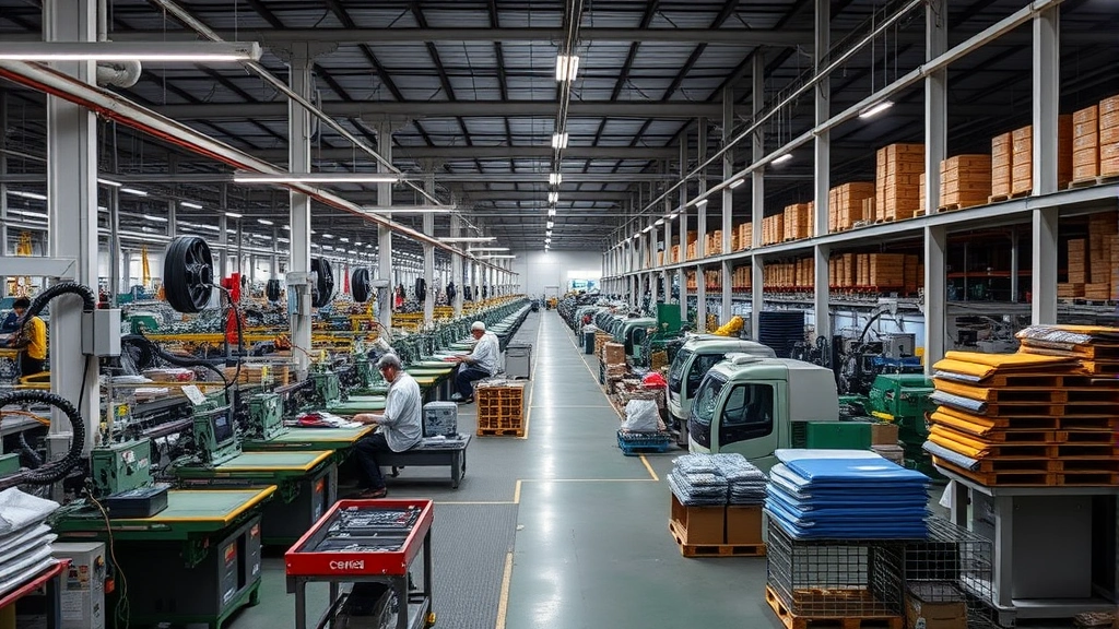 Industrial manufacturing facility in Java with workers on production line, modern factory equipment, and warehousing operations representing textile or electronics production