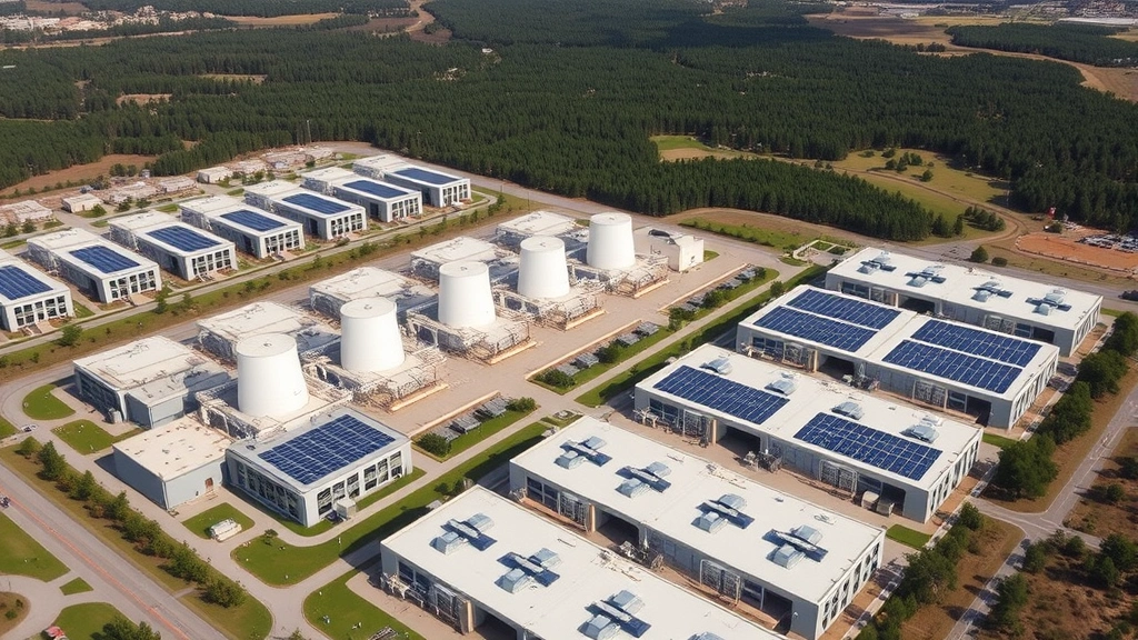 Aerial view of a sprawling data center campus with multiple cooling towers and solar panels on rooftops, surrounded by landscaped grounds and forest areas, daylight photography