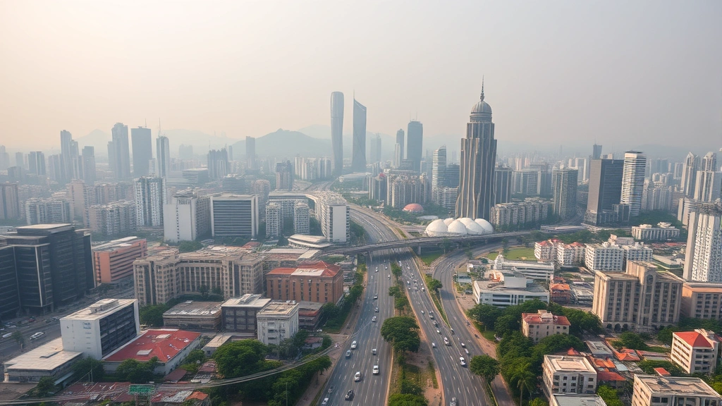 Jakarta's urban sprawl with congested highways, high-rise buildings, and hazy air pollution, showing environmental challenges of rapid metropolitan expansion and economic concentration
