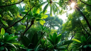 Diverse tropical rainforest canopy with multiple species visible, sunlight filtering through layers of vegetation, rich ecosystem complexity, vibrant greens and natural colors, photorealistic forest environment