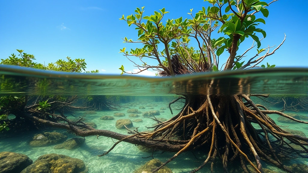 Coastal mangrove ecosystem with roots visible in clear water, diverse marine and terrestrial species interaction, tropical setting with blue sky, natural habitat complexity, photorealistic environmental scene