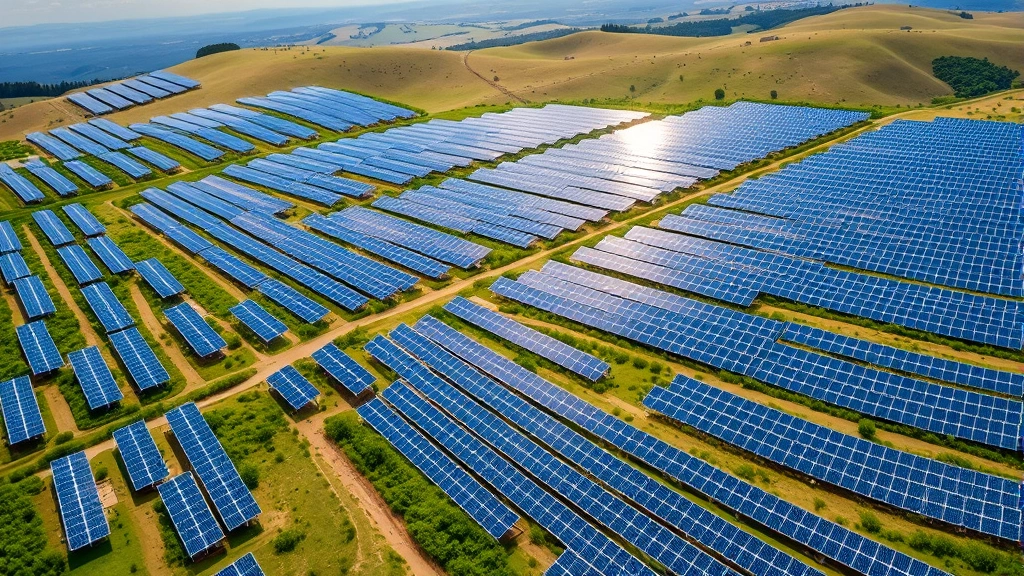 Photorealistic aerial view of a sprawling solar farm with thousands of blue panels stretching across rolling hills under bright sunlight, with green vegetation between rows, no text or labels visible