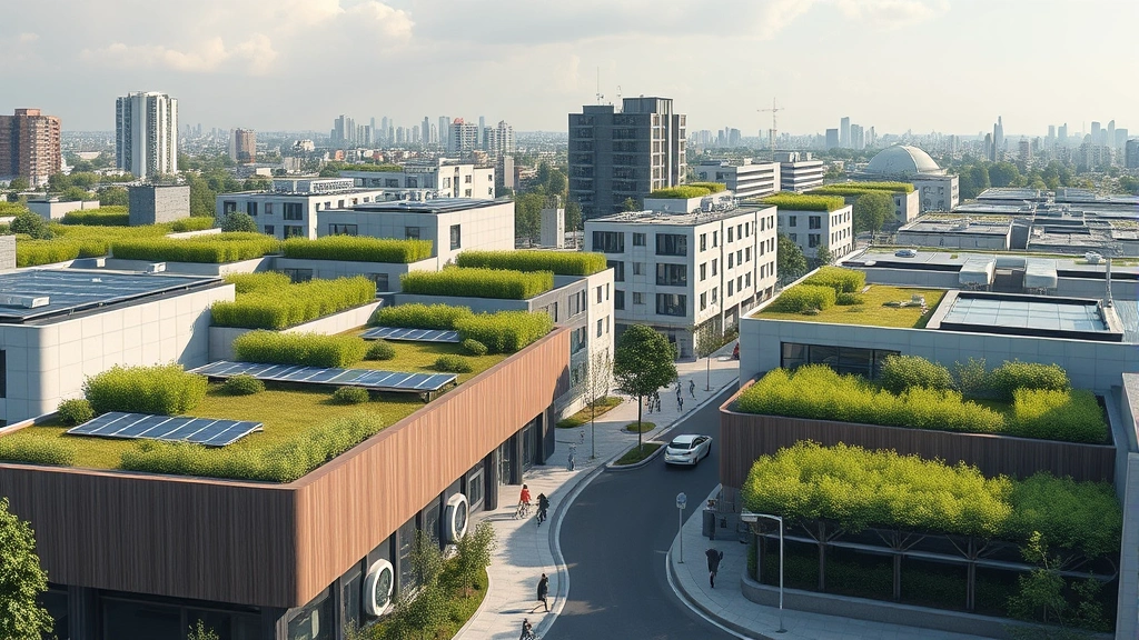 Photorealistic photograph of a sustainable urban district with green rooftops, solar panels on buildings, electric charging stations, pedestrians and cyclists, modern architecture integrated with vegetation, no signage or text