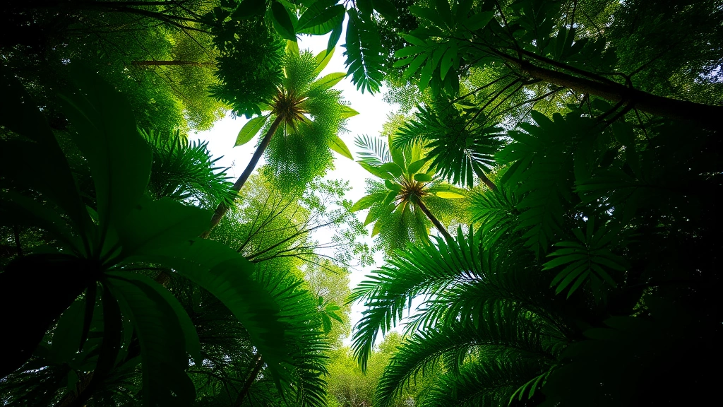 Lush green forest canopy from ground perspective looking upward, dense foliage and sunlight filtering through leaves, tropical or subtropical forest, vibrant ecosystem detail
