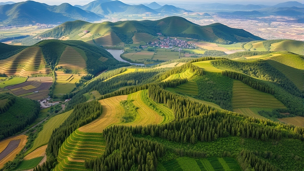 Aerial view of patchwork agricultural landscape with planted forest blocks interspersed among crop fields, terraced hillsides with green vegetation, water resources visible, community settlement in distance