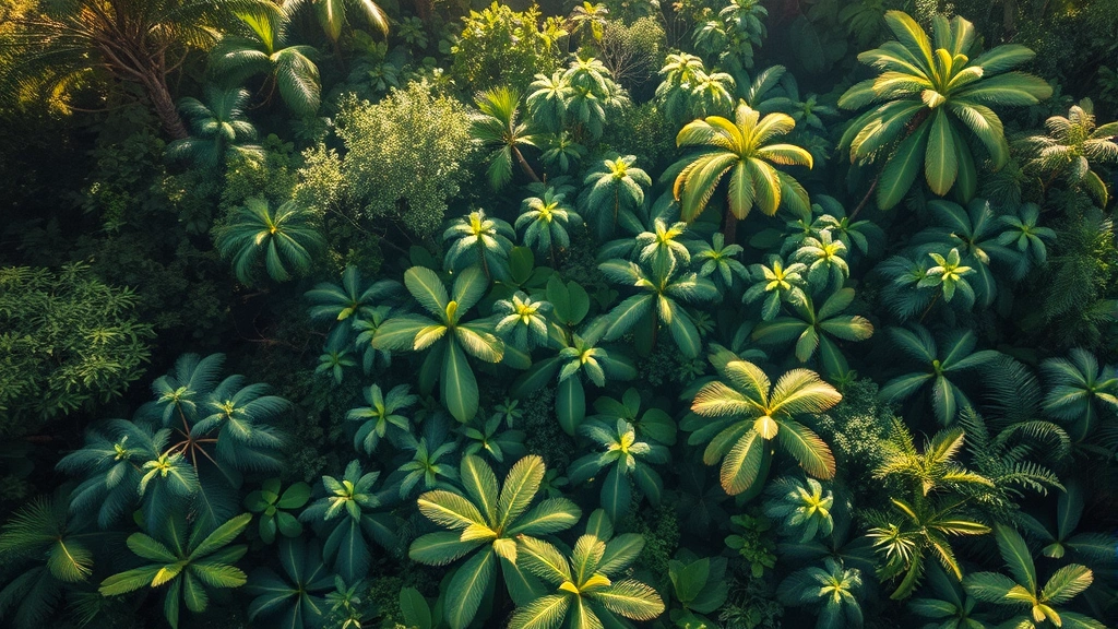 Aerial view of tropical rainforest canopy with diverse plant species in sunlight, showing dense biodiversity and natural ecosystem complexity