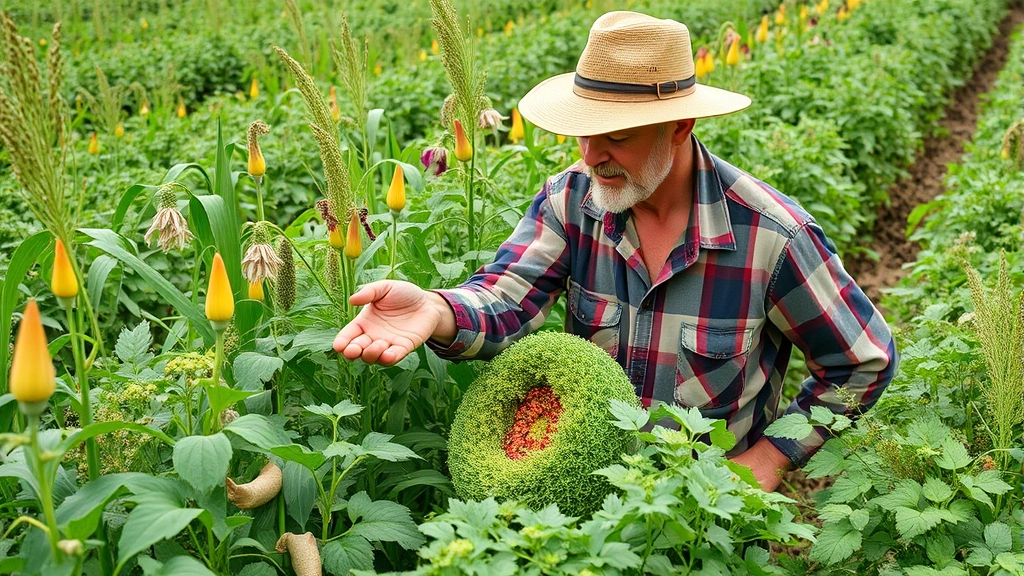 Farmer examining diverse crop varieties in field with multiple plant species growing together, demonstrating agricultural biodiversity and genetic diversity