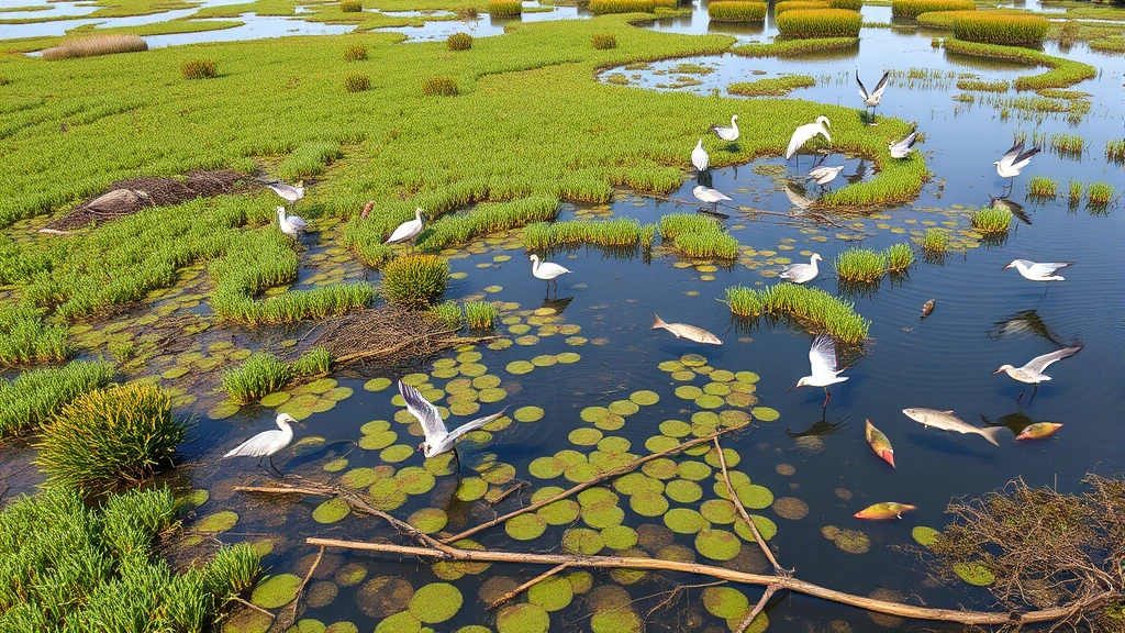 Coastal wetland ecosystem with diverse bird species, fish, and vegetation in natural habitat, showing interconnected food webs and ecosystem productivity