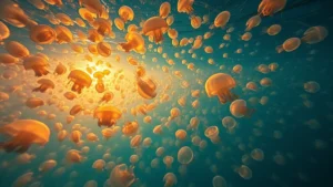 Massive jellyfish bloom covering ocean surface near Mediterranean coastline at sunset, thousands of translucent jellyfish visible in crystalline water, golden light reflecting off gelatinous bodies