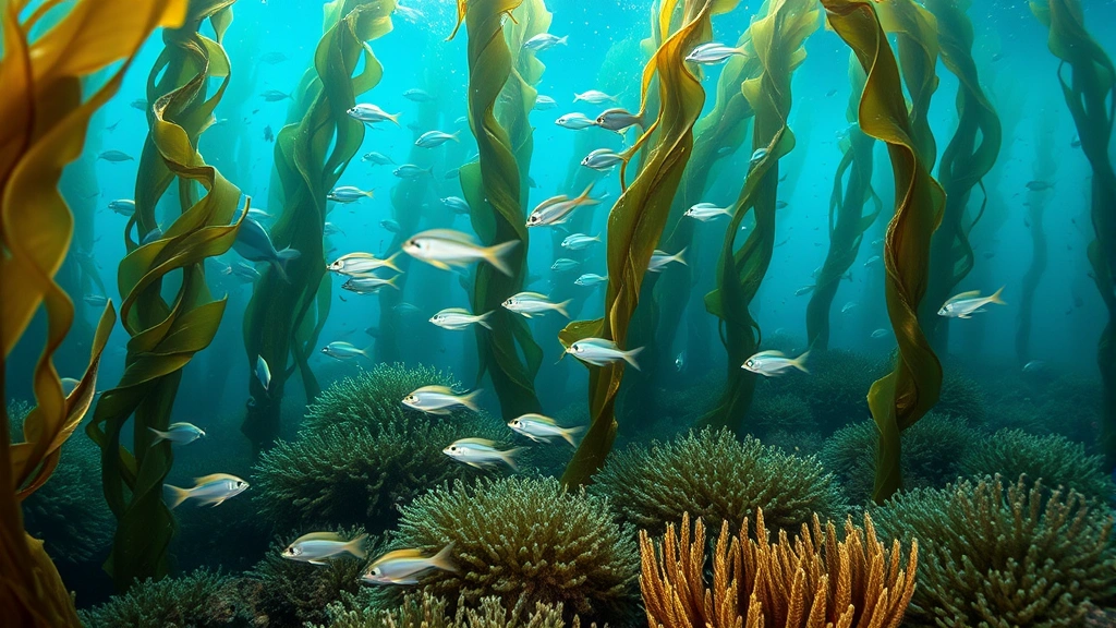 Underwater kelp forest ecosystem with fish schools swimming among seaweed, showing healthy marine biodiversity and complex food web interactions in clean ocean waters
