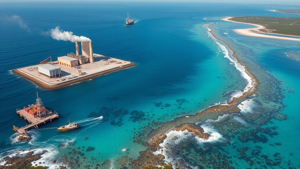Coastal industrial area with power plant cooling water intake system, modern infrastructure meeting pristine seawater, representing energy sector vulnerability to marine ecological changes