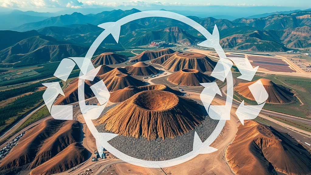 Aerial view of landfill site with circular economy symbols overlaid, showing contrast between waste disposal and material cycling concepts, mountains in background, natural lighting