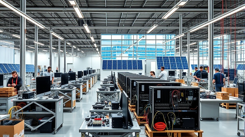 Modern manufacturing facility with renewable energy panels visible, workers assembling refurbished electronics from recycled components, clean industrial environment with organized material stations