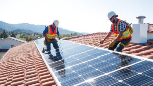 Solar panel installation technicians working on residential rooftop in bright sunlight with mountains visible in background, showing hands-on technical work and modern renewable infrastructure