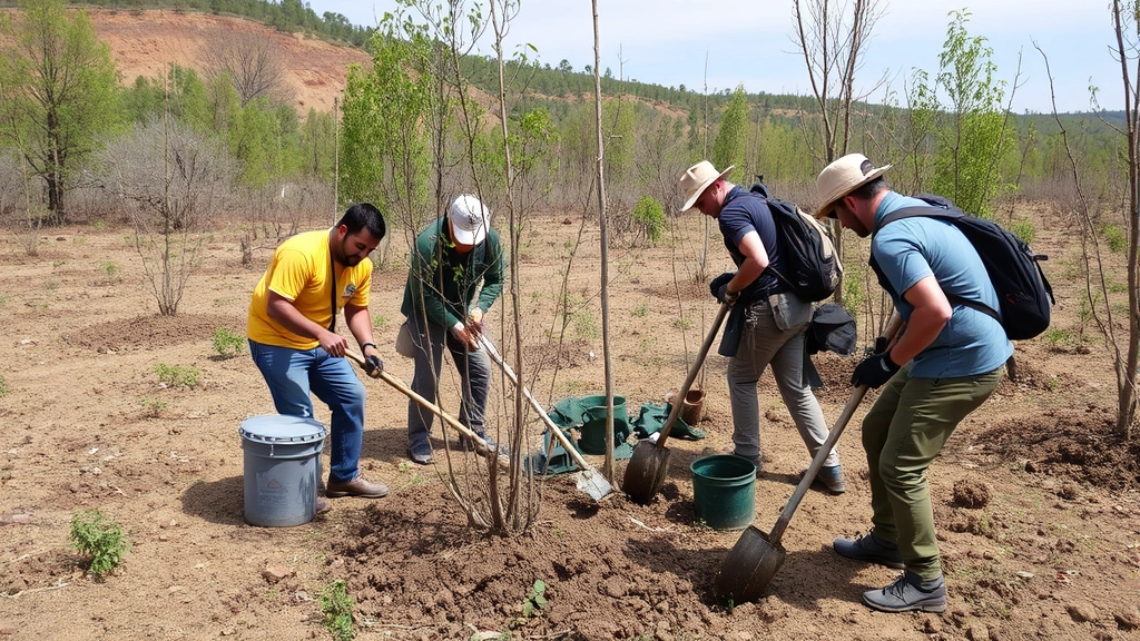 Diverse forestry team planting native trees in degraded landscape with saplings and restoration equipment, demonstrating habitat restoration and environmental remediation employment