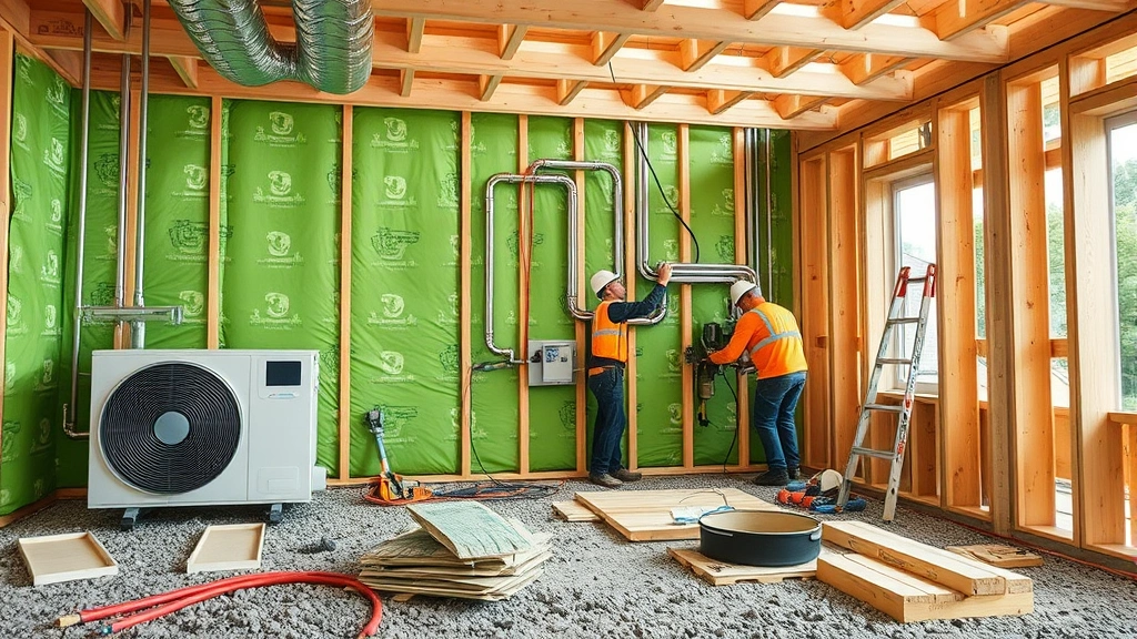 Green building construction site showing workers installing insulation and heat pump systems with modern energy-efficient building materials and sustainable construction practices visible