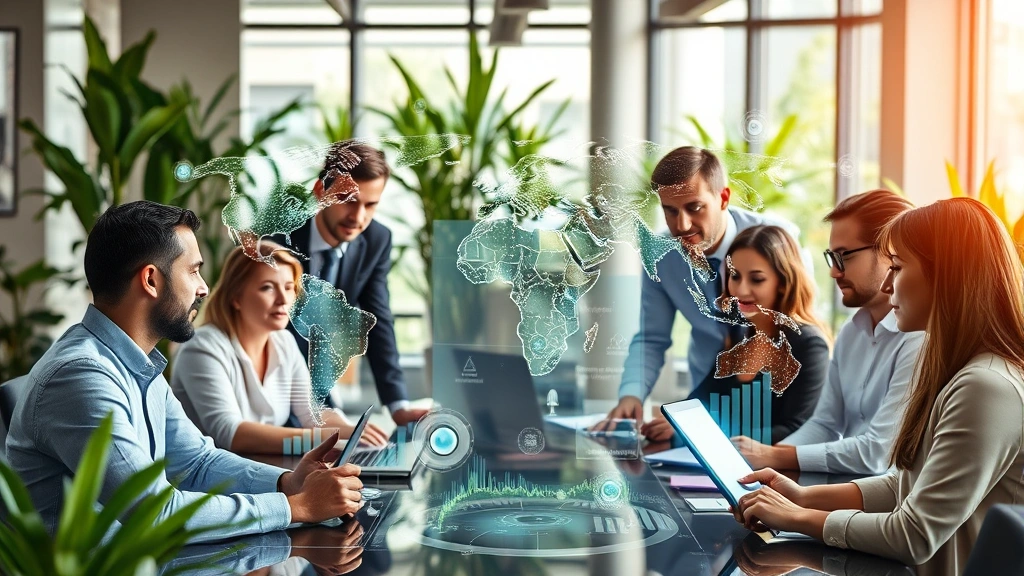 Diverse professionals collaborating around holographic data visualization displaying interconnected global information networks, renewable energy infrastructure, and ecosystem metrics in modern sustainable office environment with natural lighting and living plants