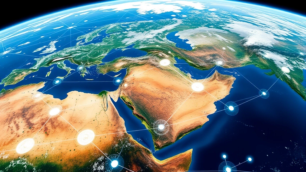 Satellite view of Earth showing real-time environmental monitoring data overlaid on landscapes, with digital nodes connecting agricultural fields, forests, and coastal regions, representing integrated global information systems for ecological and economic management
