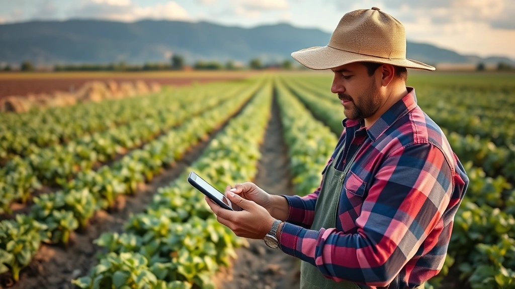 Farmer using mobile device in sustainable agricultural field with precision farming technology, accessing real-time weather, soil, and market data through digital interface, demonstrating information-driven decision-making for climate-resilient food production