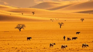 Vast golden desert landscape with scattered acacia trees and traditional herders with livestock grazing on arid grassland, warm afternoon light, photorealistic, natural earth tones, no text or labels