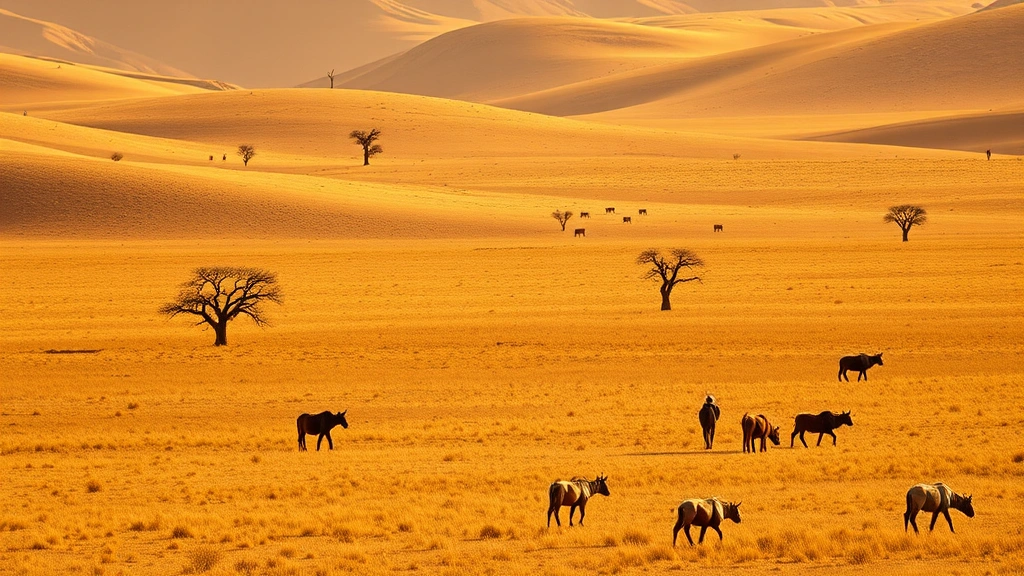 Vast golden desert landscape with scattered acacia trees and traditional herders with livestock grazing on arid grassland, warm afternoon light, photorealistic, natural earth tones, no text or labels